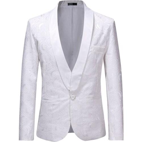 Men Single Button Tuxedo Blazer 2020 Fashion White Rose Jacquard Blazer Men Party Wedding Suit Jacket Stage Singer Costume Homme