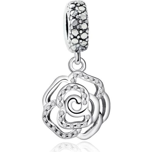 2019 New Original Alloy Bead Rose Flower Dangle Charm Clear CZ Fit Bracelet Bangle Necklace DIY Women Jewelry