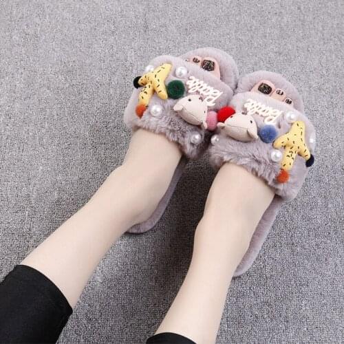 New Listing Autumn Winter Plush Slipper One Word Little Bear and Rabbit Cute Cartoon Indoor Non-slip Cotton Slipper Shoes Women