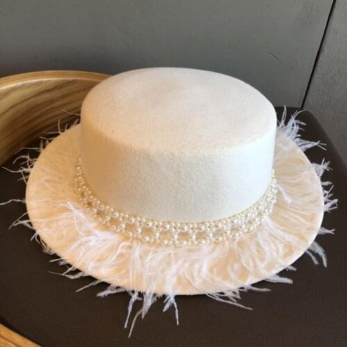 Feather Pearls White Fedoras Wide Brim 100% Wool Flat Top Hat For Women Wedding Party Church Dress Felt Derby Hats Wholesale