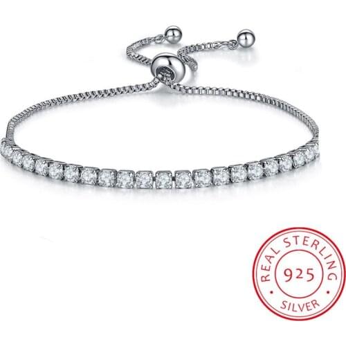 Fine Charm Bracelets For Women Real 925 Sterling Silver White CZ Beads Link Tennis Bracelet With Box Chain Adjustable HB76
