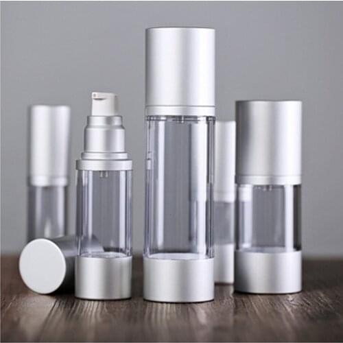 Empty 30ml /50ml vacuum bottle with silver metal cosmetic lotion airless bottle with silver pump Printable custom logo