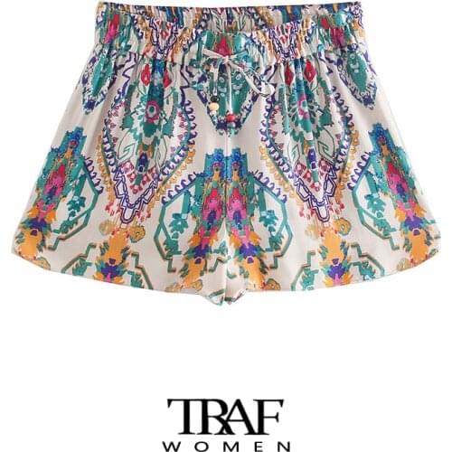 TRAF Za Women Fashion Totem Print Side Vents Shorts Vintage High Elastic Waist Drawstring Female Short Pants Mujer