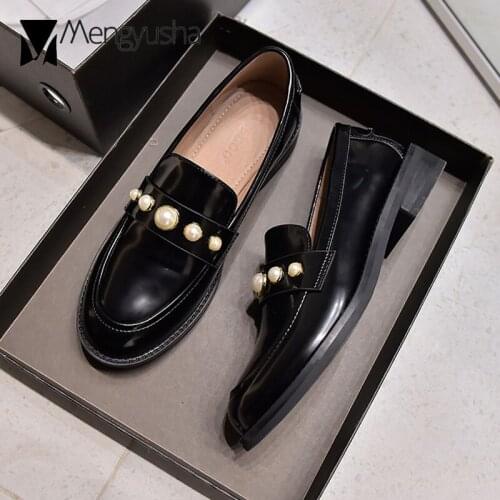 British Small Leather Shoes Woman Pearl Flats Slip On Ladies Loafers Round Toe Platform Shoes for Women Low Square Heels Oxfords