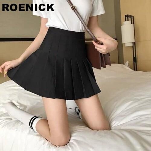 ROENICK Summer Women Skirts Solid High Waist Pleated Skirt Womens Korean Preppy Style Dance Mini Skirt Girls Cute Short Skirt