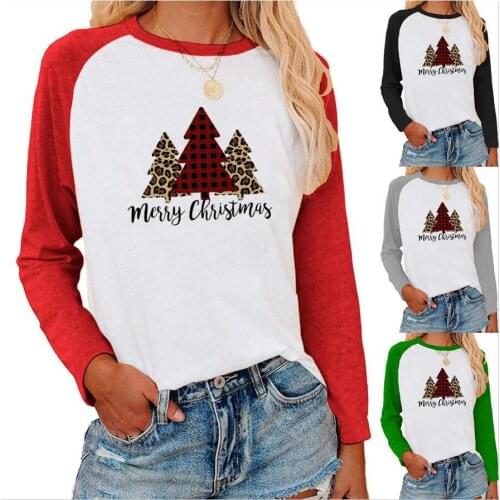 Cartoon Print T-Shirts Women Christmas Long Sleeve Spring Autumn Tee Loose Vintage Tops O-Neck Female Popular T-Shirt