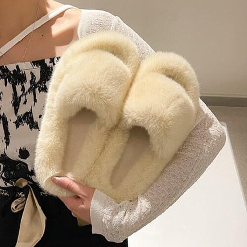 Women Indoor Furry Slippers Faux Fur Slides Winter Shoes Woman Platform Slippers Slip On Open Toe Flats Female Warm Flip Flops