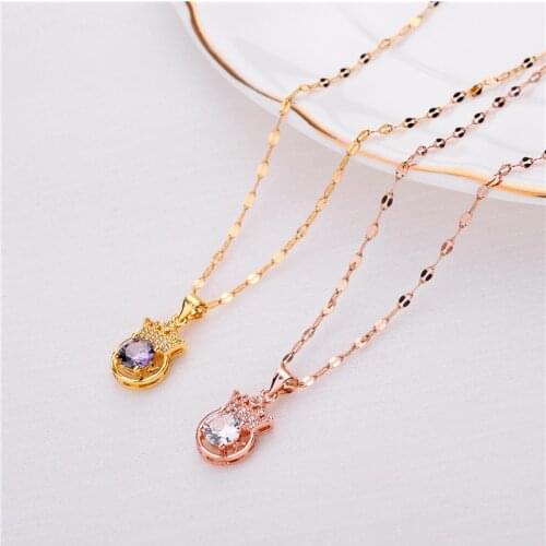 Korean Style Luxury Elegant Zircon Crystal Crown Pendant Women Necklaces Ladies No Fade Stainless Steel Wedding Daily Jewelry