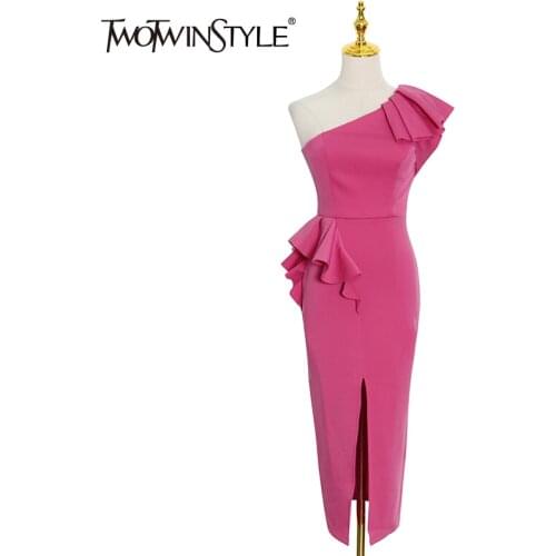 TWOTWINSTYLE Sexy Dress For Women Ruffles High Waist Diagonal Colalr Sleeveless Ruched Plus Size Split Long Dresses Female 2021