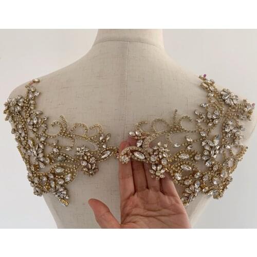 1 Pair Gold Rhinestone Bead Applique, Crystal Bodice Patch, Heavy Bead Handmade Bodice Patch