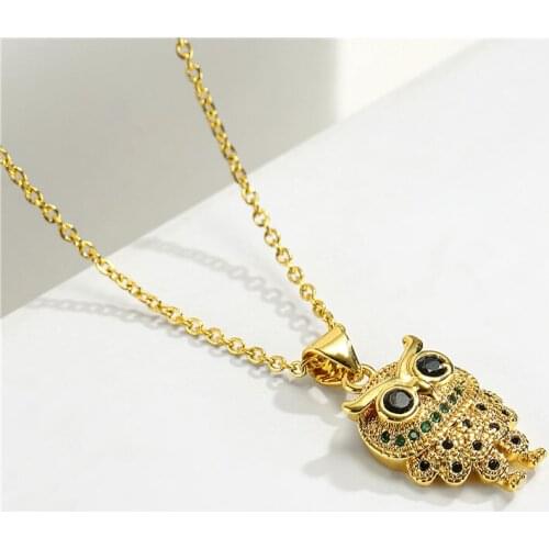 ALLNEWME Trendy Shinning Rhinestone Cartoon Owl Pendant Necklace for Women Ladies Gold Color Thin Chain Brass Necklace Jewelry
