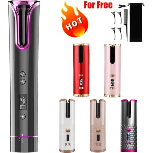 Cordless Automatic Curling Irons USB Rechargeable Hair Curler Lasting Curly Hair Wand LCD Display Ceramic Curly Rotating Curling