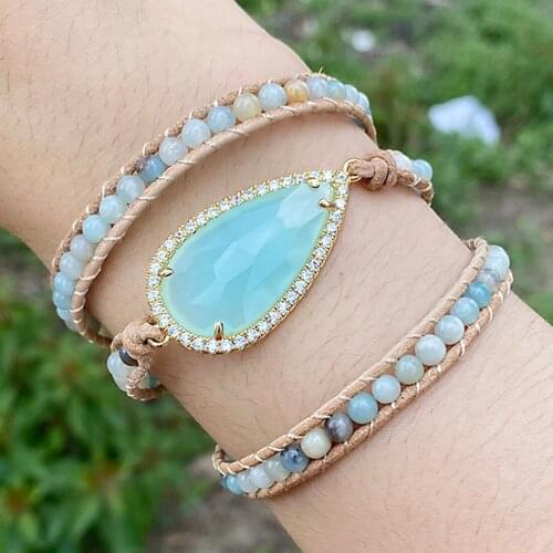 Wrap Bracelet Natural Stone Beaded Bracelet Jewelry Genuine Leather Bangle for Men Women Water Drop AAA Zircon Jewelry Boho Gift