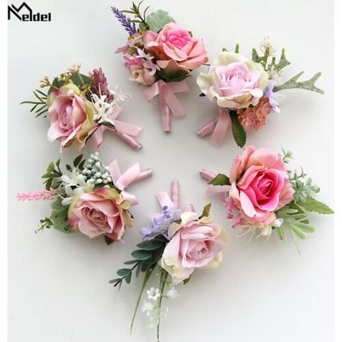 Meldel Wedding Corsage Groom Boutonniere Bridal Wrist Corsage Bracelet Pink Artificial Rose Flower Accessories Marriage Supplies