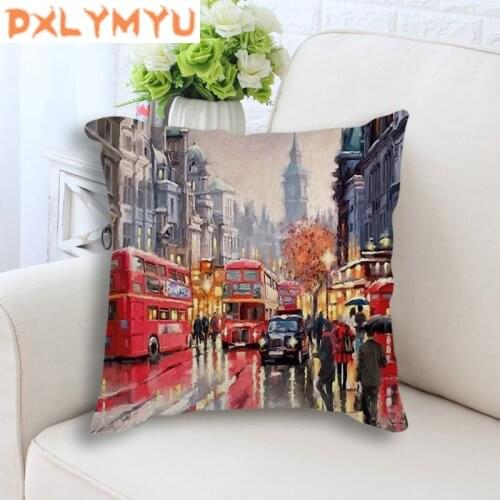 Seat Cushion Cover Street, Bus, City Scenery Painting Linen Pillow Case Nordic Style Decoration Throw Pillow Covers