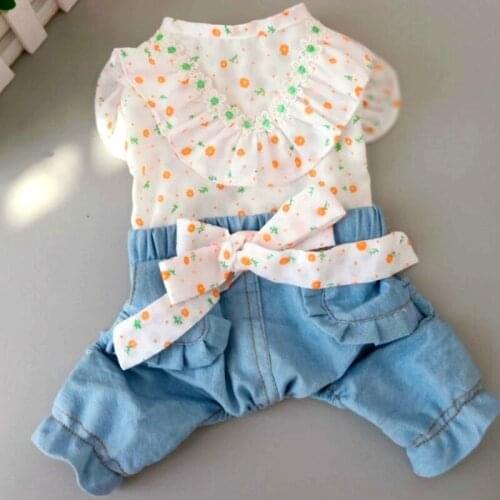 Cute Floral Dog Clothes Denim Jumpsuit Overalls Puppy Small Dog Costumes Outfit Yorkshire Pomeranian Poodle Schnauzer Clothing