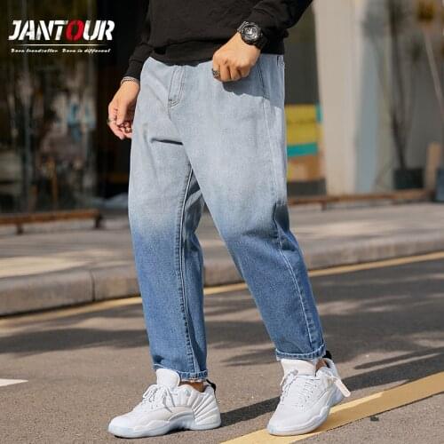 Mens Jeans Cotton Brand Straight Gradient color Casual Stretch Straight Wide Leg Ankle Pants Trousers Big Size 40 42 44 46 48