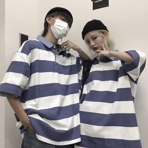 Harajuku Blue Striped Polo T-Shirt Aesthetic Punk Unisex Grunge Clothes Streetwear Punk Gothic Female Harajuku Clothes y2K