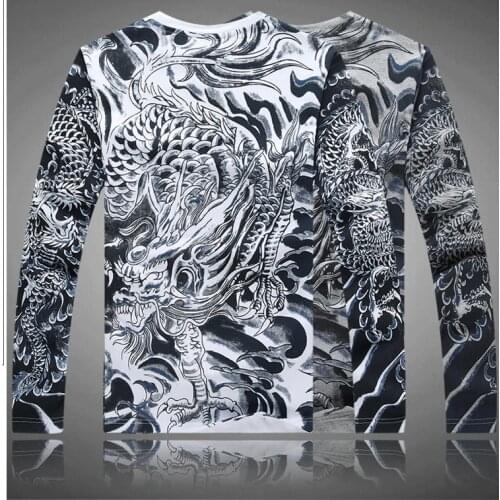 Chinese National Wind Tattoo Dimensional Printing Cotton Long-Sleeved T Shirt Mens Slim Fitted Dragon Pattern Tops Tee Shirts