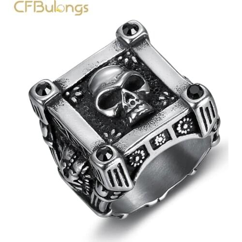 CFBulongs Cool Silver Color Stainless Steel Square Skull Mens Ring Fashion Men Jewelry Halloween Gift Wholesale