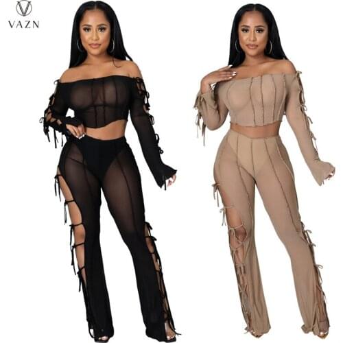 VAZN 2021 Lady Fashion New Sexy Girl Style Sets Long Sleeve Card Shoulder Short Top Elastic Long Pants Pure Color 2 Piece Sets