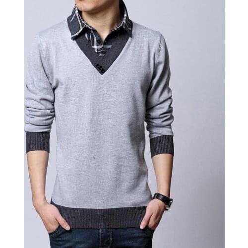 Korean version of the fake two-piece long-sleeved mens sweater autumn and winter models shirt collar sweater thickening