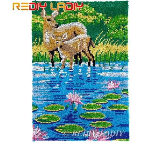 Latch Hook Kits Drinking Deers Chunky Yarn Embroidery Crochet Tapestry Kits Needlework Arts & Crafts DIY Carpet Rug 58*87cm