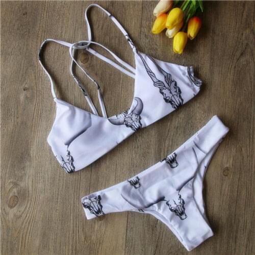 Summer New Style Swimsuit Suit Bra + Panties Sheep Head Print Beach Bikini Ladies Womens Split Swimsuit Small Fresh