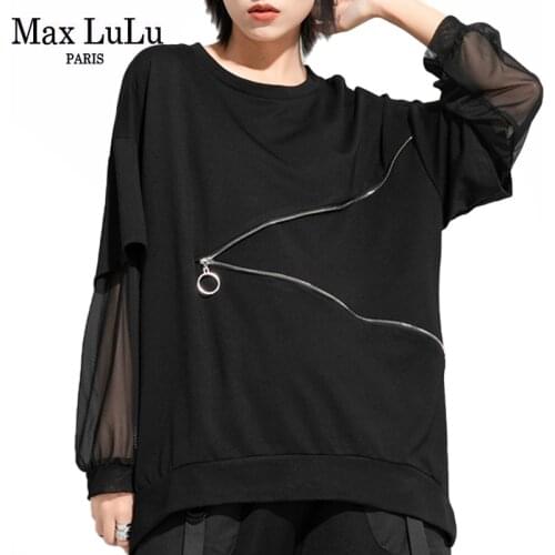 Max LuLu Spring Fashion 2021 New Clothes Ladies Lace Patchwork Tshirts Womens Zippers Black Tees Female Casual Long Sleeve Tops