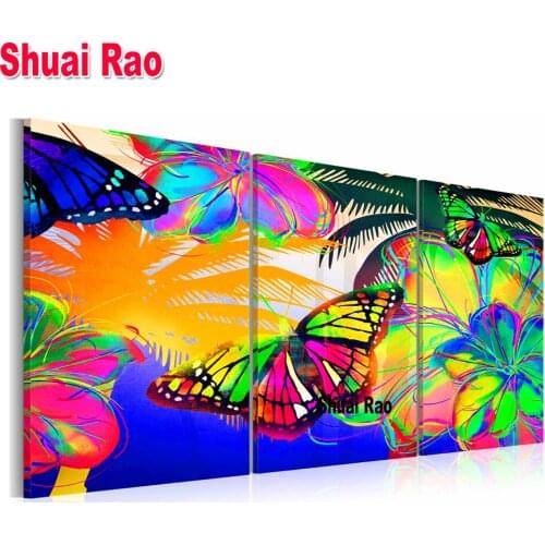 3 Pcs Full Square Diamond Painting Abstract Colorful butterfly, flowers Mosaic Needlework Diamond Embroidery triptych Home Decor