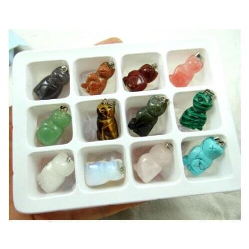 Natural stone Turquoises Quartz crystal tiger eye aventurine Cat pendant for diy Jewelry making necklace Accessories12pcs