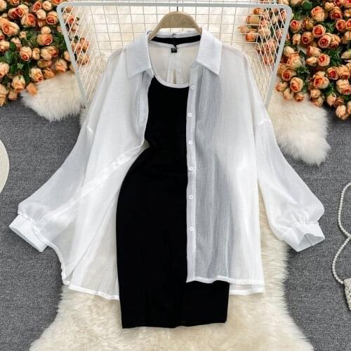 New Fashion Chiffon Thin Blouses And Mini Dress Sets Summer See Through Back Split Shirt Halter Slim Dress Casual Womens Suit