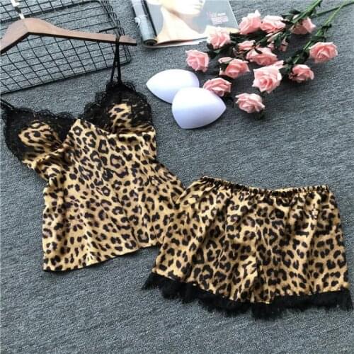 Sexy Lady Pajamas Leopard Printed Lace Sleepwear Set For Women Lingerie V Neck Summer Sling Top and Shorts Homewear Pyjamas