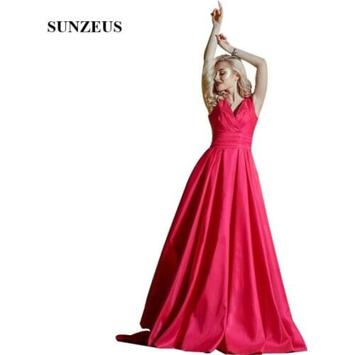 A-line Red Satin Evening Dress V-neck Simple Elegant Formal Long Dress Women Party Gowns vestido largo de noche