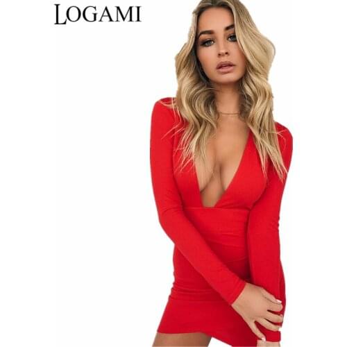 LOGAMI Autumn Winter Dress Women Long Sleeve Deep V Neck Backless Sexy Dress Black Red Mini Bodycon Party Dresses Vestidos