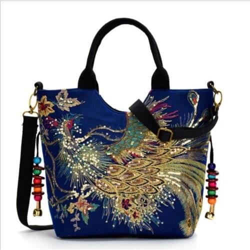 Ethnic style embroidered BAG canvas peacock embroidered small women handbag middle age single shoulder hand-held slant span bag