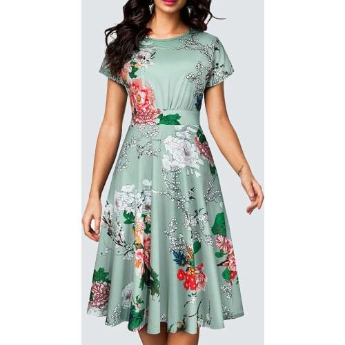 Vintage Women Floral Print Wiggle A-line Elegant Summer Pleated Party Dress HA102