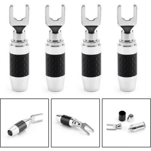 Areyourshop 4PCS Copper Rhodium Plated Y Fork Carbon Fiber Audio Amplifier Y U shape Brass Speaker Clip Plug