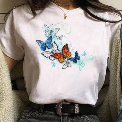 Harajuku Women T Shirt Red Black Butterfly Print Tshirt Heart T-shirt Female Short Sleeve Tops Tee Laides Fashion T-shirts