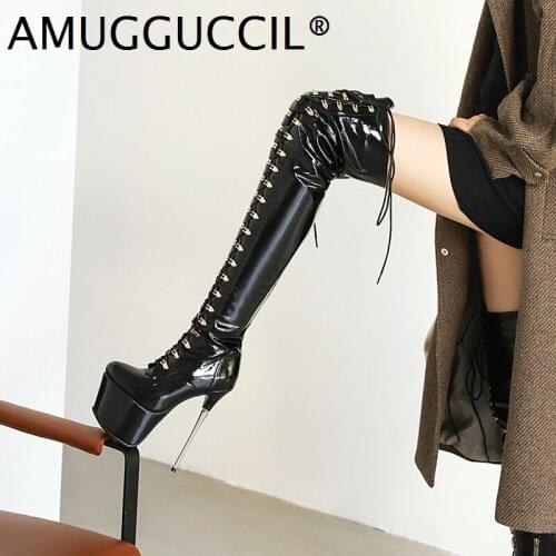 2020 New Plus Big Size 32-43 Black Silver Beige Lace Up Sexy Thigh High Heel Platform Over The Knee Winter Lady Women Boot X2037