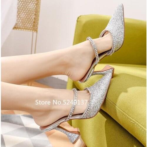 Bling Crystals Sequined Cloth Women Slippers Pointed Toe Strange Heel Sexy European Design Shoes Woman
