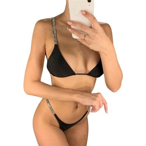 Meihuida 2021 Women Split Swimsuit Set with Sequins Deep V-neck Padded Bikini + Elastic Waist Panties for Summer Bikinis Set