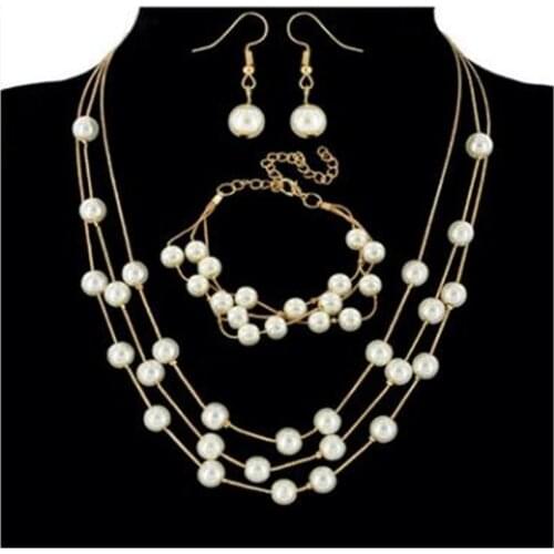 Imitation Pearl Jewelry Set Simulated Pearl Double Layer Women Earrings Necklace Bracelet Sets for Wedding Jewelry Sets