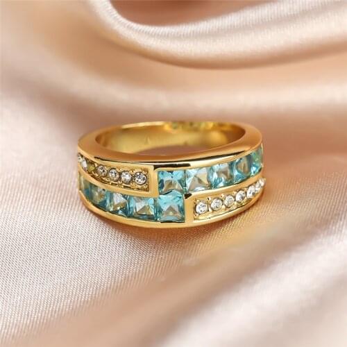 Female Fashion Aqua Blue Crystal Jewelry Dainty Gold Color Wedding Rings For Women Vintage Bride Geometric Engagement Ring Gifts