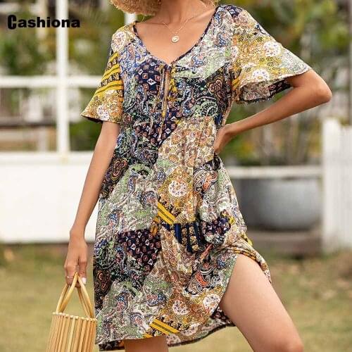 Cashiona 2021 Summer Knee-Length Dress Women Short Sleeve Vintage Bohemian Flower Print Dresses Femme Loose Dress Vestidos