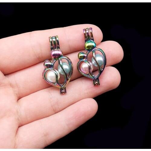 5pcs Rainbow Color Love Baby Heart Oyster Pearl Cage Lava Bead Cage Pendant Lockets for Essential Oil Diffuser Jewelry Making