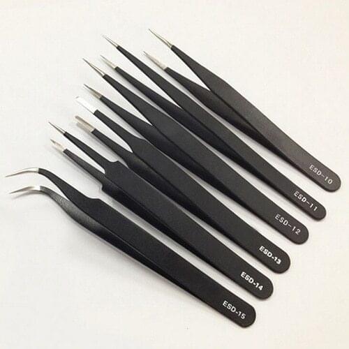 ​ ESD Safe Anti-Static Stainless Steel Tweezers Set Maintenance Repair Tools Industrial Precision Curved StraightTweezers