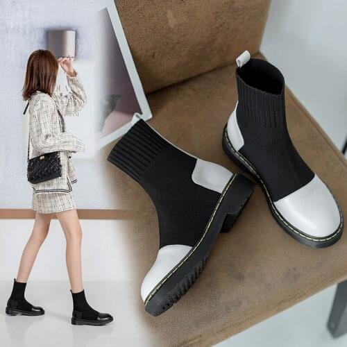 Autumn Winter Ankle Boots Women shoes Water-proof Flat Short Boots Platform socks Boots Vogue Womens Shoes Black Large Size 9