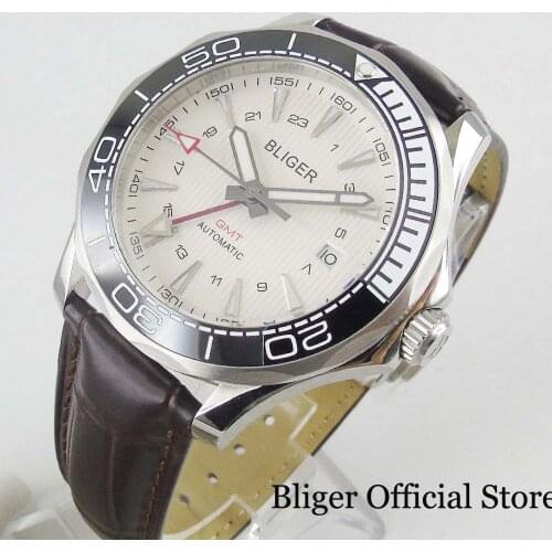 BLIGER New Automatic Men Watch 41mm Wristwatch Sapphire Glass GMT Date Function Rotating Bezel Leather Strap Beige Dial