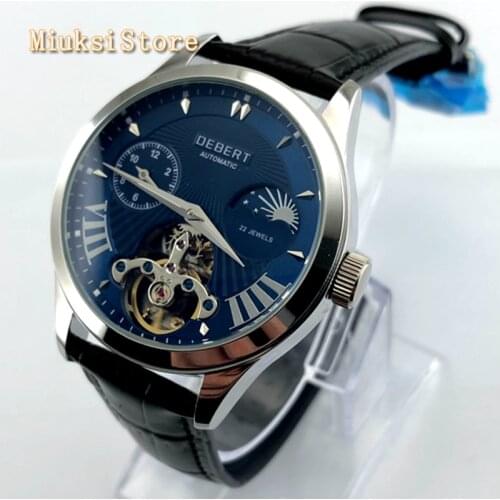 Debert 41mm 2019 new mens luxury mechanical watch flywheel blue dial leather waterproof automatic leisure watches